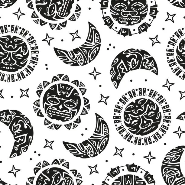 Vector illustration of Angry Sun and Moon Faces. Maori Tattoo Ornament Seamless Pattern. Ethnic Mask. Black and White Vector illustration