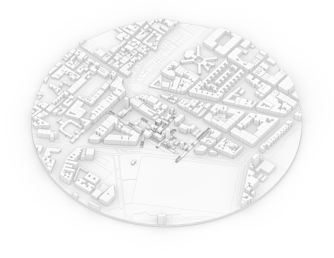 Aerial view of a city model, showing a residential district with grid pattern, office buildings and plenty of green areas with trees. Copy space on white background. Digitally generated image.