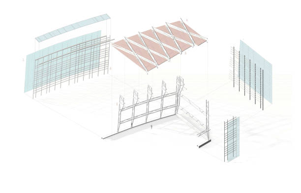 Exploded view of building parts in 2d. Exploded axonometric of a multipurpose common public space with steel structure and glass facade.