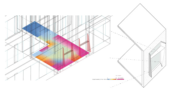Analysis of the solar radiation inside a building with Parametric louvers. Parametric louvers to control sun exposure and radiation in the interior space of a building structure.