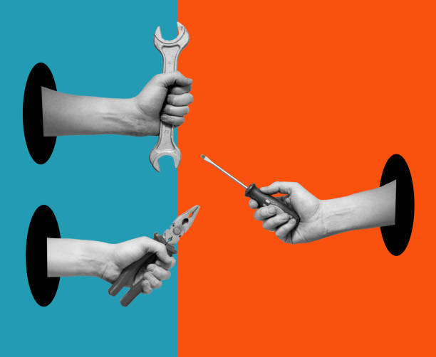 istock Art collage of hands with tools on a surrealistic background. 1470287826