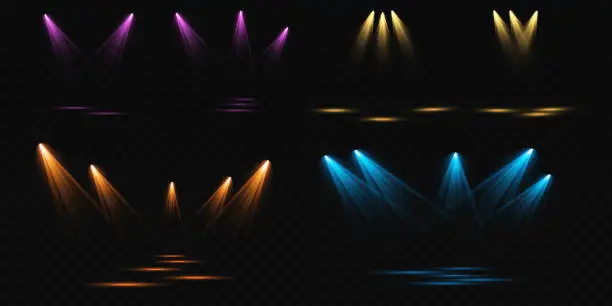 Vector illustration of Set of colored spotlights on a transparent background. Bright lighting with spotlights. Spotlight white, blue, yellow.