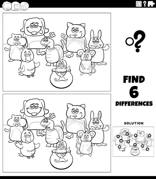 Vector illustration of differences game with cartoon pets coloring page