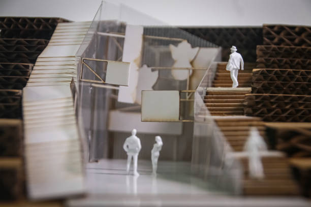 Architectural physical model of a public building with 3d printed people