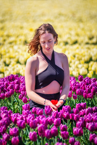 dutch woman seated looking the pink tulip flowers in the spring in the Netherlands with black dress