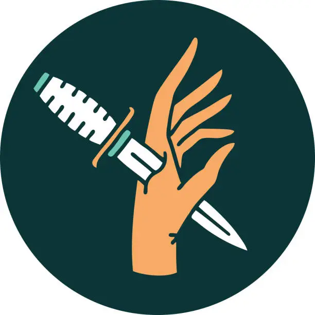 Vector illustration of iconic tattoo style image of a dagger in the hand