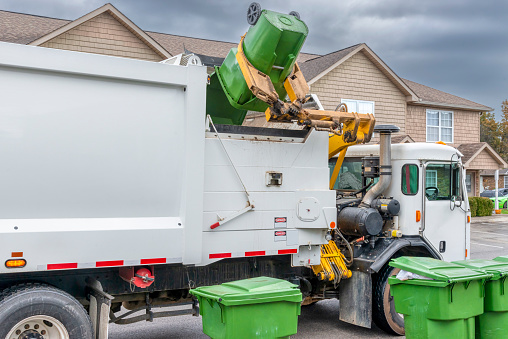 Horizontal shot of the mechanical arm on a modern trash truck dumping garbage without help.