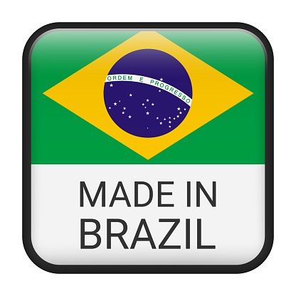 Made in Brazil badge vector. Sticker with stars and national flag. Sign isolated on white background.