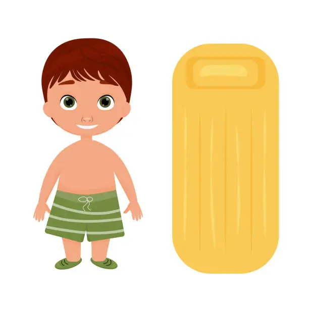 Vector illustration of vector illustration of a cartoon boy on a beach holiday. illustrations on a white background. summer holidays and fun. a boy in swimming trunks and an inflatable mattress for swimming.