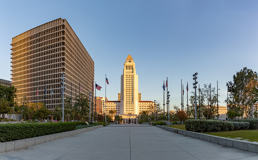 A picture of the Los Angeles City Hall as seen from the Grand Park.