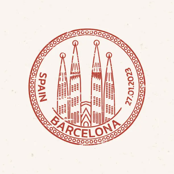 Vector illustration of Barcelona rubber stamp design grunge texture. Travel, passport icon or seal with Sagrada Familia Cathedral. Spain symbol. Vector illustration.