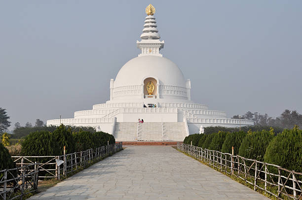 Japanese Peace Pagoda in Lumbini, Nepal A front shot from the entrance of the white Japanese Peace Pagoda located in Lumbini, Nepal. Near the birthplace of the Buddha. lumbini nepal stock pictures, royalty-free photos & images