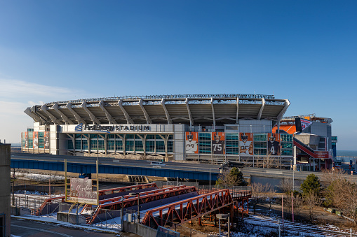 Cleveland, Ohio, USA - January 24/2023: First Enerty Statium home to the Cleveland Browns, sits along the shores of Lake Erie downton.