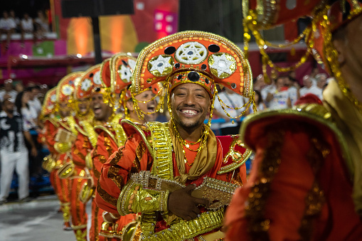 Rio de Janeiro, february 26, 2023: Imperatriz Leopoldinense Samba School during carnival parades of Rio de Janeiro at the Sambodromo. Imperatriz Leopoldinense was the winner of carnival parade of 2023