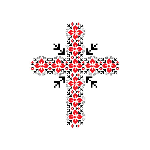 illustrazioni stock, clip art, cartoni animati e icone di tendenza di croce religiosa ricamata con fiori. - needlecraft product embroidery cross stitch flower