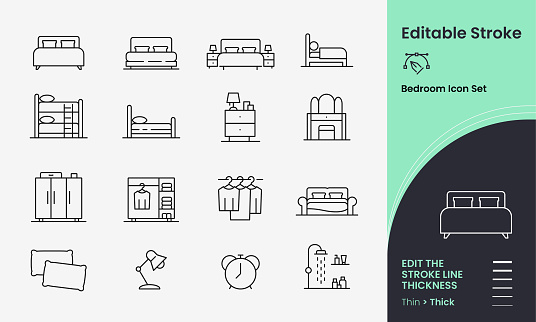 Bedroom Icon collection containing 16 editable stroke icons. Perfect for logos, stats and infographics. Change the thickness of the line in Adobe Illustrator (or any vector capable app) to suit your requirements.