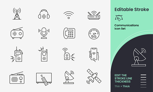 Communications Icon collection containing 16 editable stroke icons. Perfect for logos, stats and infographics. Change the thickness of the line in Adobe Illustrator (or any vector capable app) to suit your requirements.