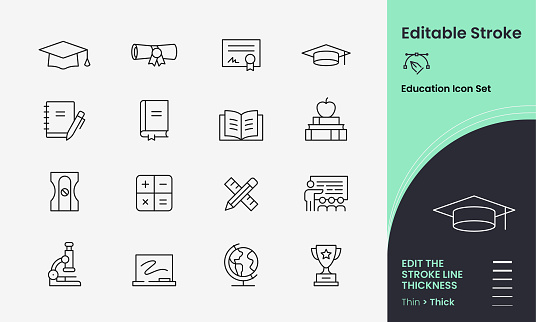 Education Icon collection containing 16 editable stroke icons. Perfect for logos, stats and infographics. Change the thickness of the line in Adobe Illustrator (or any vector capable app) to suit your requirements.