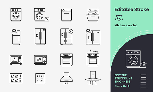 Kitchen - Large appliances Icon collection containing 16 editable stroke icons. Perfect for logos, stats and infographics. Change the thickness of the line in Adobe Illustrator (or any vector capable app) to suit your requirements.