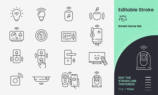 Smart-home Icon collection containing 16 editable stroke icons. Perfect for logos, stats and infographics. Change the thickness of the line in Adobe Illustrator (or any vector capable app) to suit your requirements.