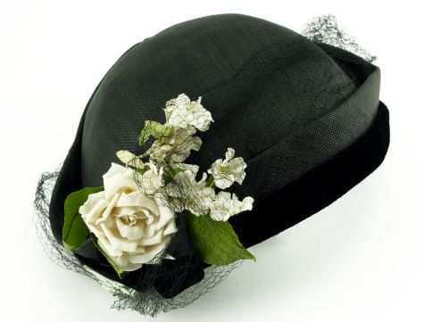 Antique Ladies Hat with Faux Roses on White Background
