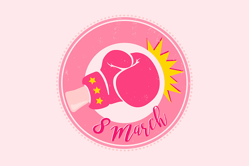 Vector poster for woman's day. 8 march day. Retro pink emblem for women's day with boxing glove.