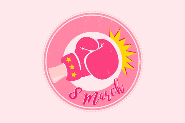 Vector poster for woman's day. 8 march day. Retro pink emblem for women's day with boxing glove. vector art illustration