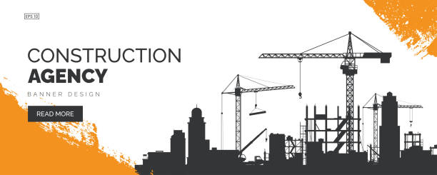 istock Construction company banner design. Background with black silhouette of construction site with cranes and machinery. City development. Urban skyline. Element for your design. Vector illustration. 1470324557