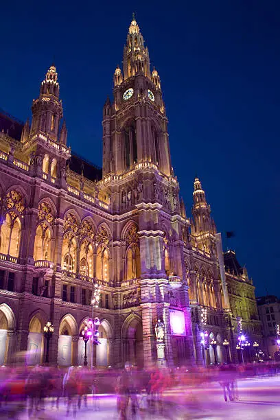 Town-hall in Vienna in the night and the winter scating