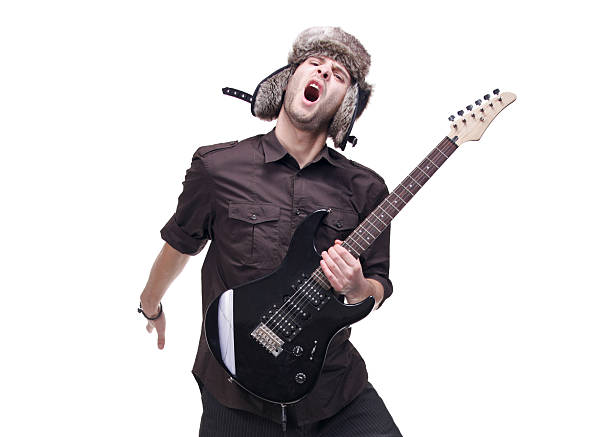 salto em midair jogador de guitarra - isolated on white studio shot guitar young men - fotografias e filmes do acervo