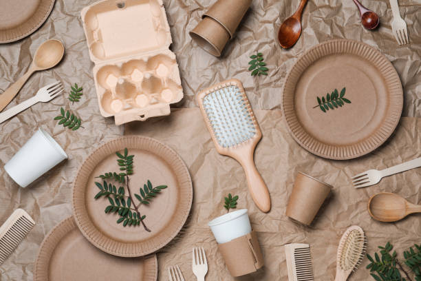 istock Different eco items on crumpled paper, flat lay. Recycling concept 1470327247
