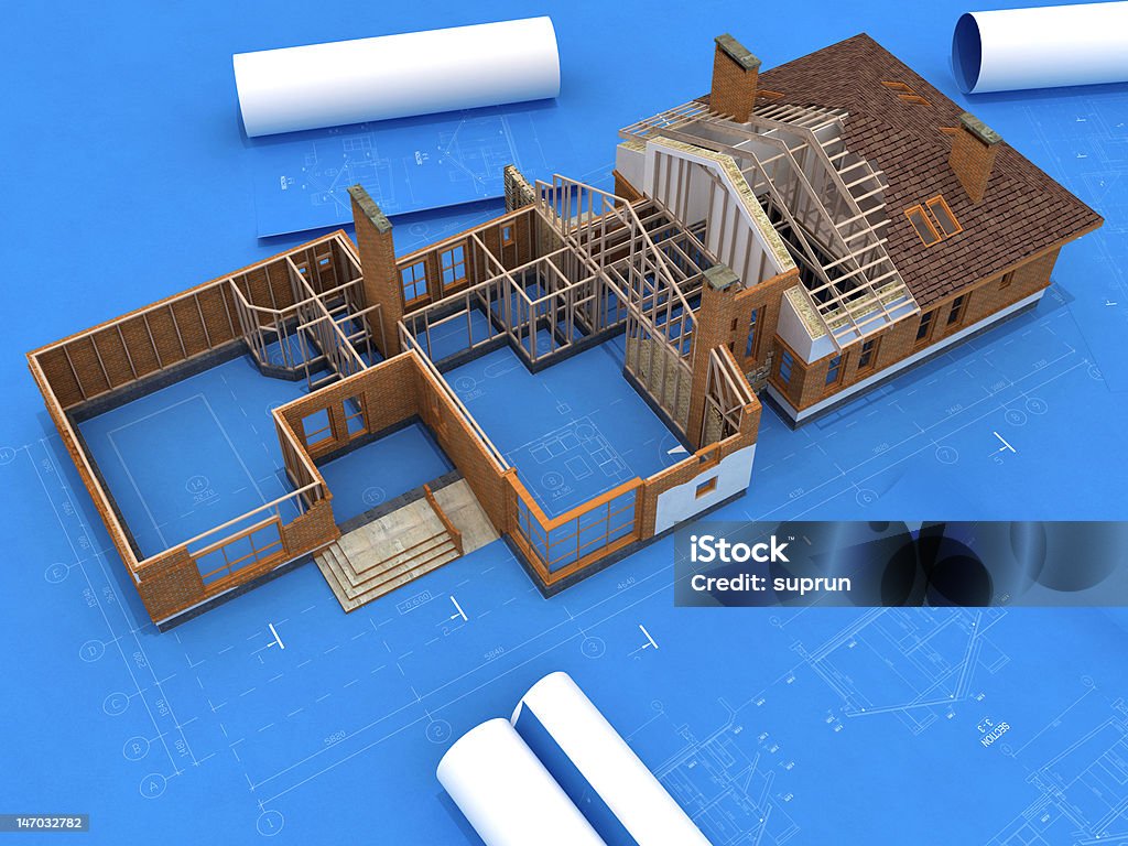 Edifício GenéricoStencils em construção sobre projectos - Royalty-free Cópia Heliográfica Foto de stock