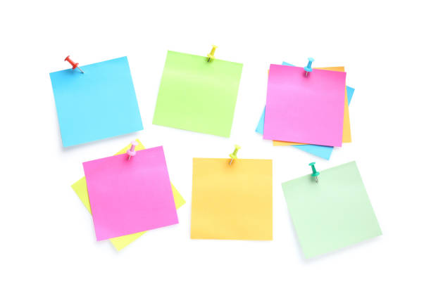 istock Blank colorful notes pinned on white background, top view. Space for text 1470330842