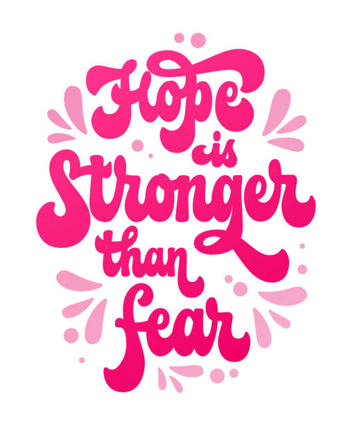 Isolated hand lettering phrase - Hope is stronger than fear - breast cancer awareness month support. Isolated vector typography design element. 70s retro style creative concept. For any purposes Isolated hand lettering phrase - Hope is stronger than fear - breast cancer awareness month support. Isolated vector typography design element. 70s retro style creative concept. For any purposes brest cancer hope stock illustrations