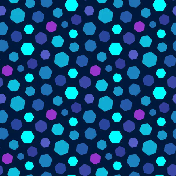 Vector illustration of Small multicolored hexagons isolated on a dark blue background. Cute geometric seamless pattern. Vector simple flat graphic illustration. Isolated object on a white background. Isolate.