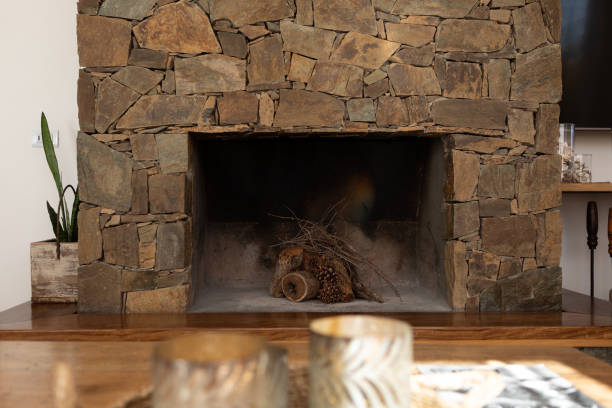 istock Stone chimney at decorated living-room 1470331088