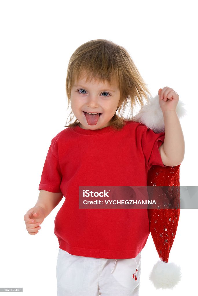 Маленькая девочка с Санта-Клауса шляпа - Стоковые фото Белый фон роялти-фри