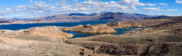 Lake mead with record low water level, shot in Feb 2023