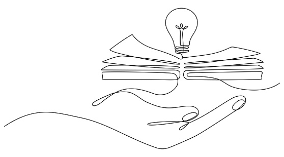 Hand hold book with bulb continuous line drawn. Vector illustration isolated on white.