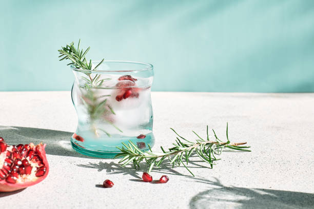 granatapfel gin fizz cocktail mit sekt, rosmarin und eis. urlaub erfrischendes alkoholisches getränk. granatapfel kaltes detox-getränk. - glass ice tonic water frozen stock-fotos und bilder