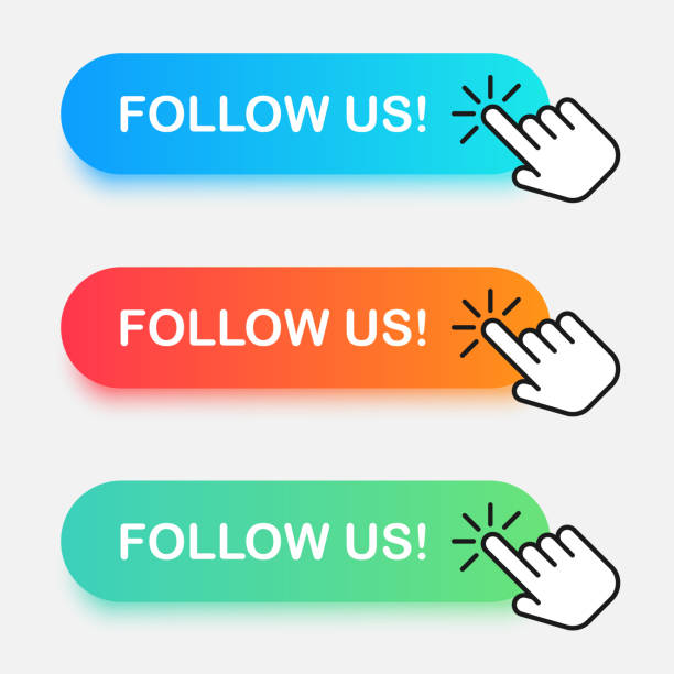 ilustrações de stock, clip art, desenhos animados e ícones de follow us banner. button with click action. - square shape plus sign mathematical symbol social networking