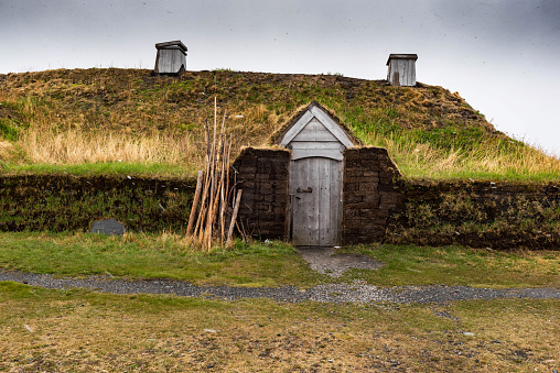 Newfoundland, Canada - June 13, 2018: L'Anse aux Meadows, on the northern tip of Newfoundland, is the only known site of a Norse village in Canada.