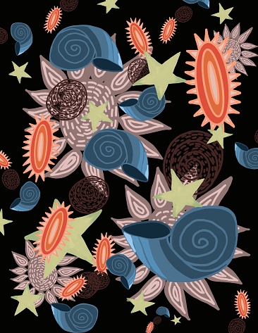 Expressionistic illustration of sea life, sea crawlers, stars and other flora and fauna on a yellow background