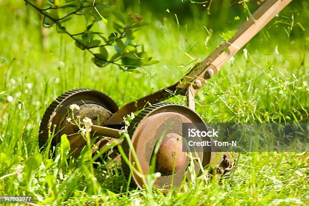 Retro Lawn Mower In Action Stock Photo - Download Image Now - Antique, Lawn Mower, Blurred Motion