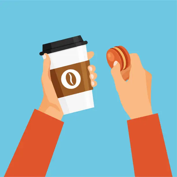 Vector illustration of Hand holds coffee cup and macaron cookie in trendy flat style.