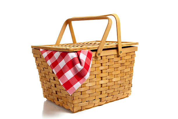 Picnic basket with gingham isolated on a white background stock photo