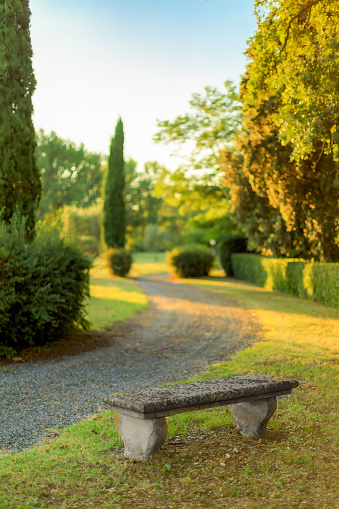 Tuscan park bench at sunset