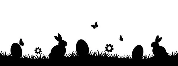 Vector illustration of Easter background, black silhouette of bunnies, easter eggs, butterflies, flowers, panoramic vector illustration, egg hunt, Ostern, Ostermotiv Hintergrund