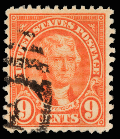 A 1926 issued 9 cent United States postage stamp showing Thomas Jefferson.