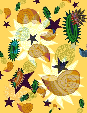 Expressionistic illustration of sea life, sea crawlers, stars and other flora and fauna on a yellow background